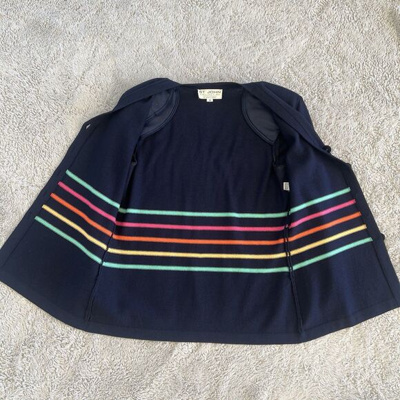 St. John Santana Knit Button Front Cardigan Sweater Navy Blue Rainbow Stripe 8 - Picture 2 of 4
